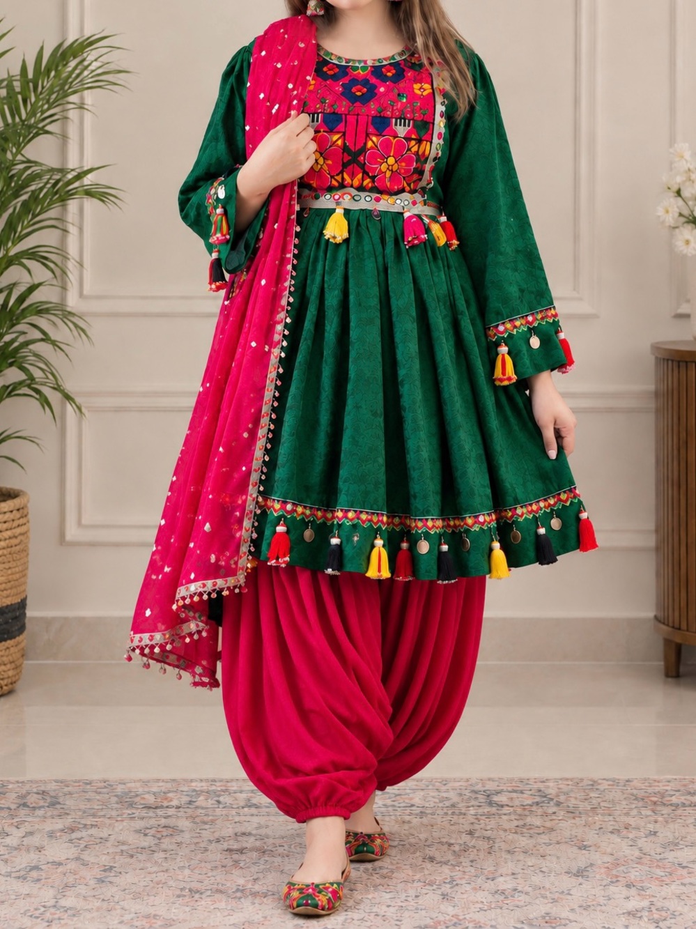Women Traditional Green & Pink Embroidered Costume